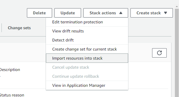 Screenshot on where to find the import resource into stack button