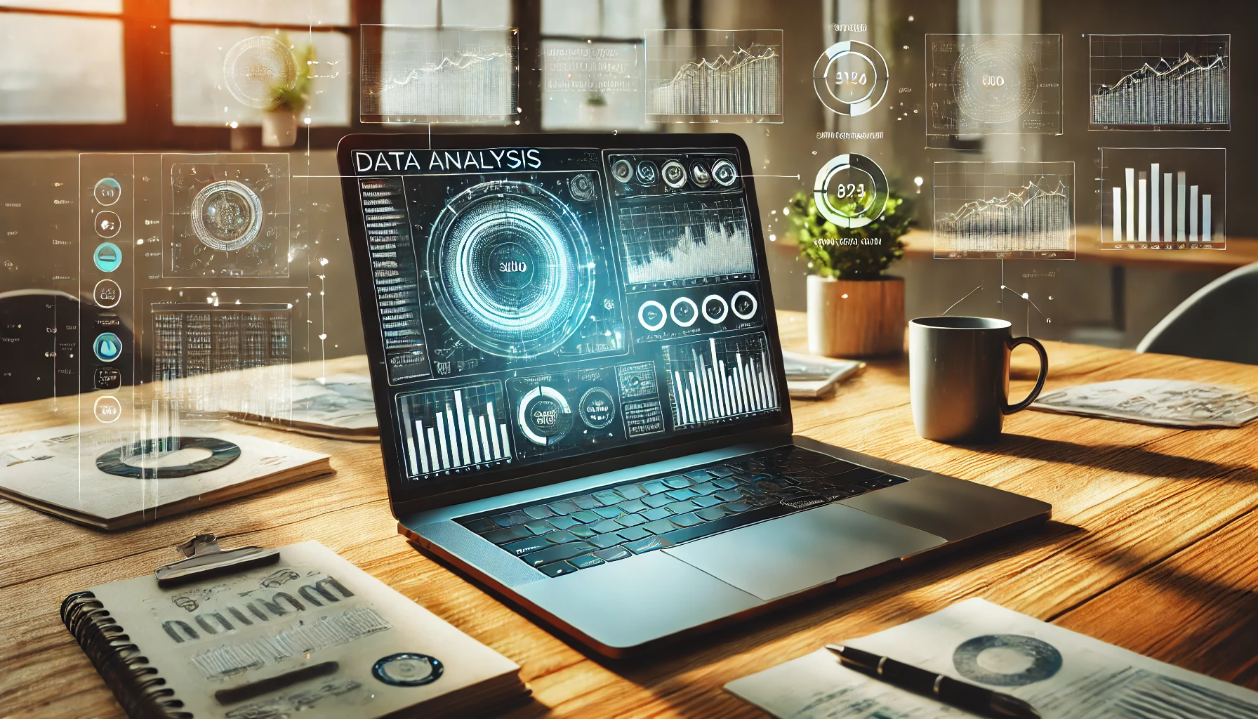 A modern workspace with a laptop showing data analysis, surrounded by notes and charts, symbolizing the process of evaluating and optimizing LLM accuracy. Generated by DALL-E.