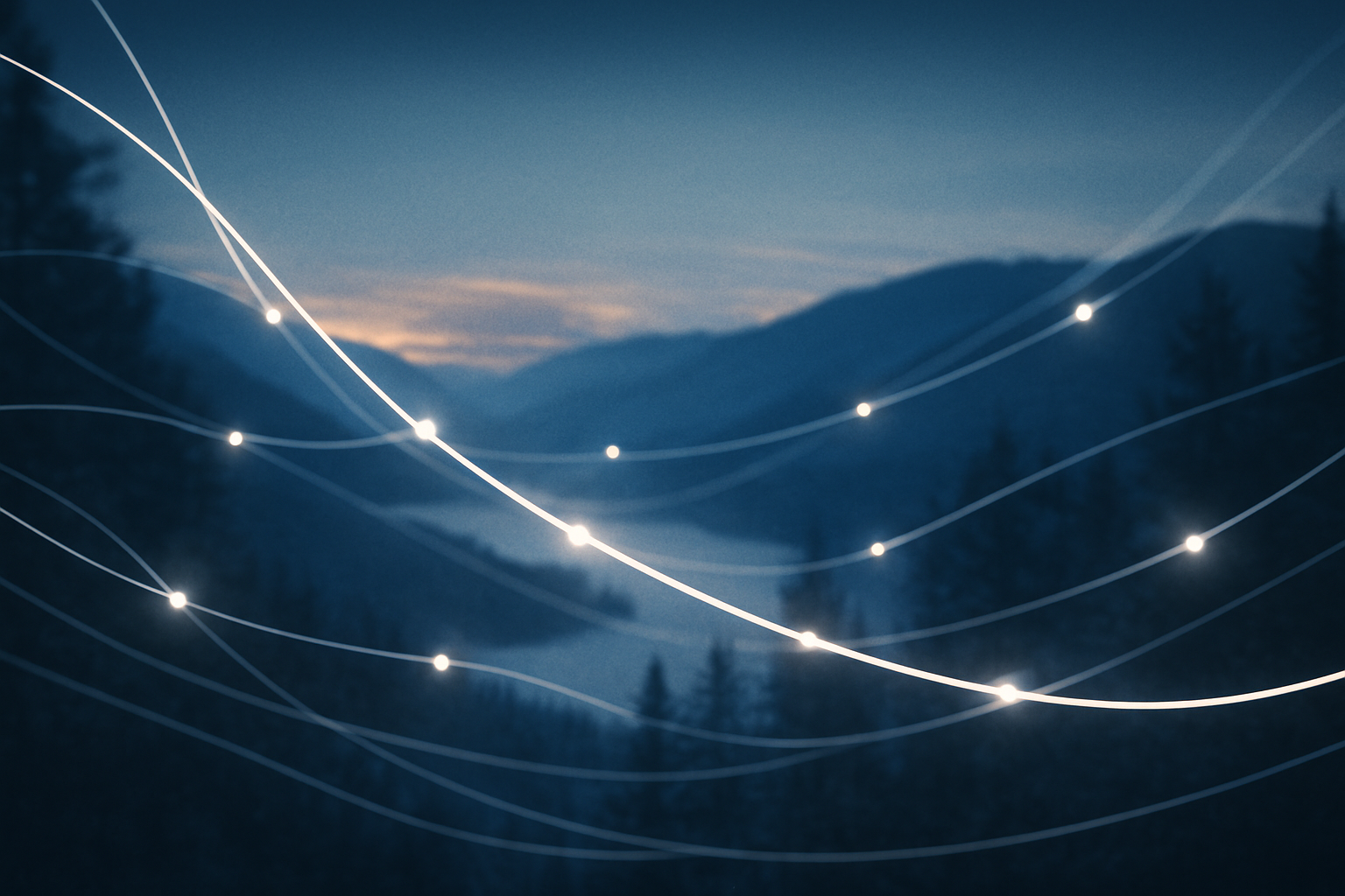 Abstract glowing fiber-optic lines flowing across a dark mountain landscape, symbolizing digital connection in rural communities. Generated by DALL-E.